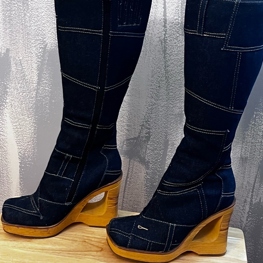 Vintage Splash Patchwork Denim Platform Wedge Boots. Y2K Statement.  Size 7
